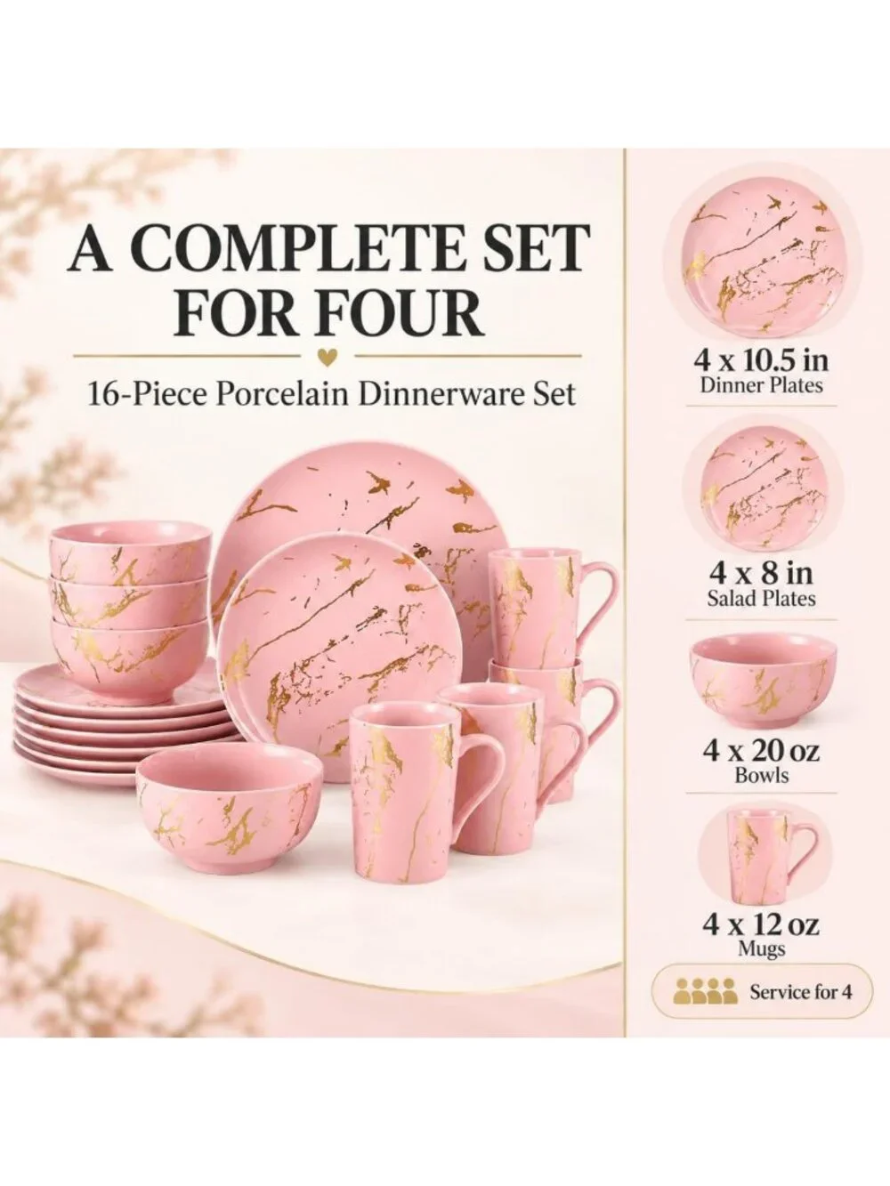 Elegant Pink Dinnerware Set for 4 | 16-Piece Porcelain with Gold Marble Accents